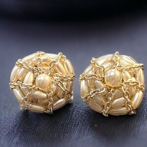 Vintage West  Germany Faux Pearl And Chains Gold Tone 1.5 Inch Clip On Earrings